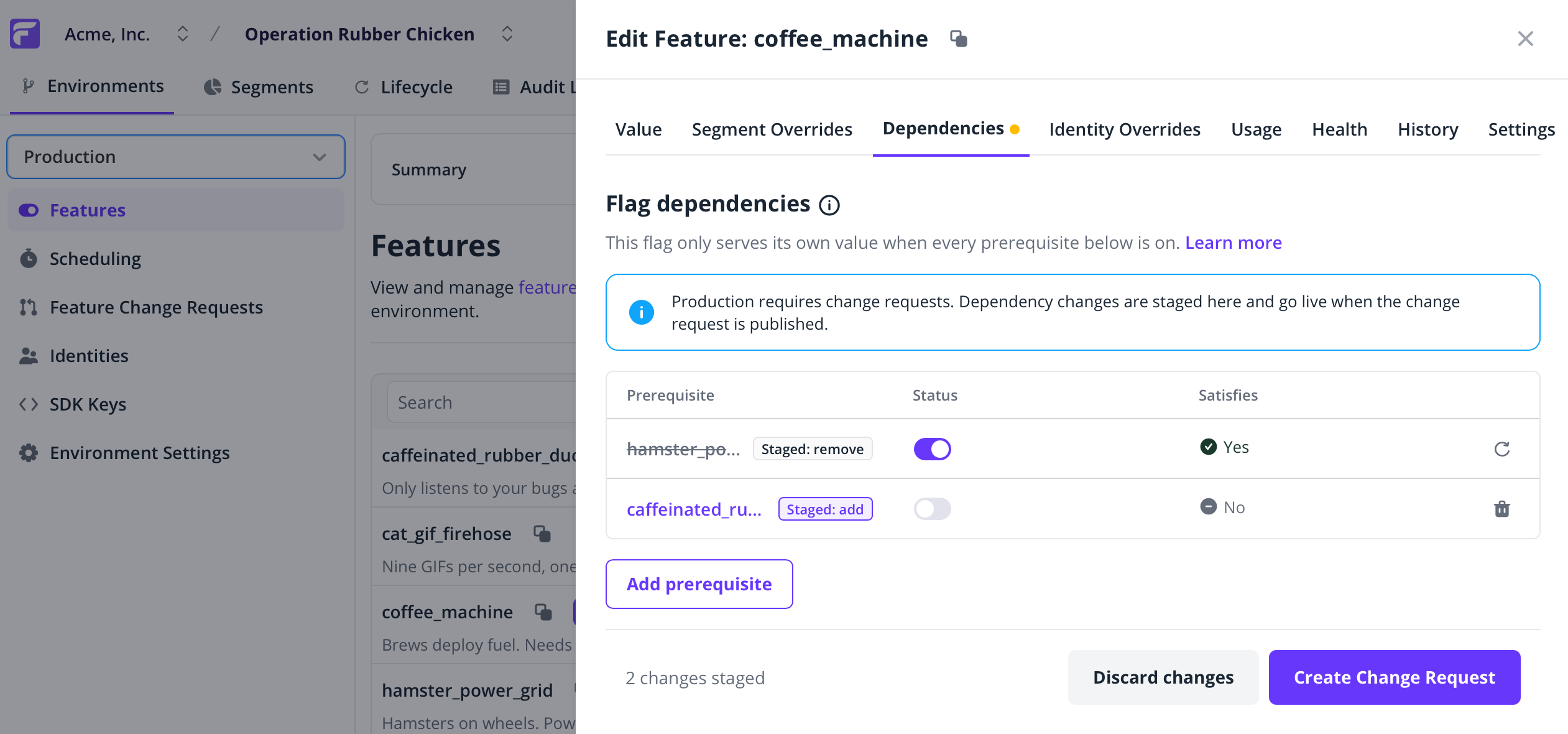 Flag dependency changes wrapped in a change request